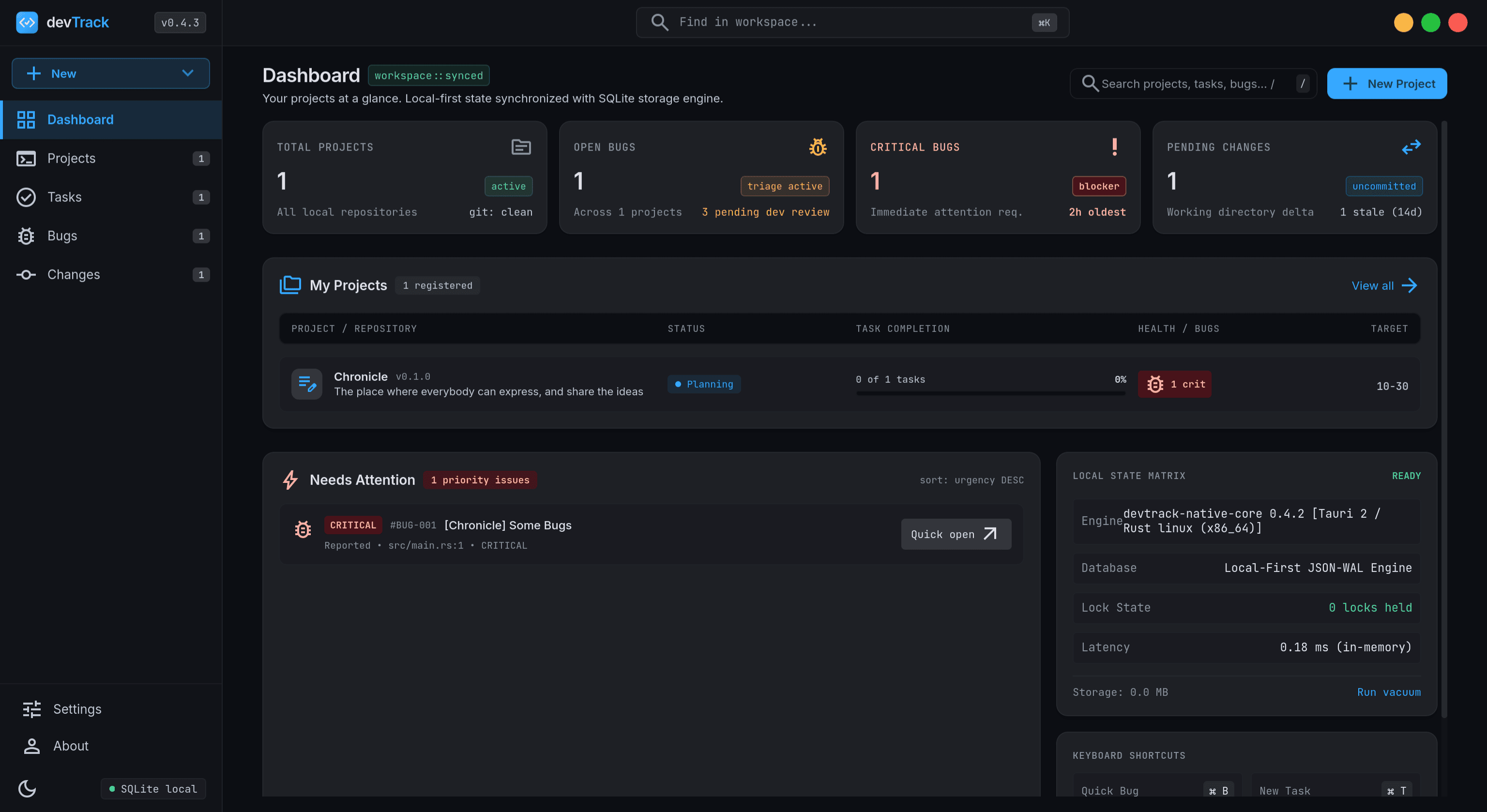 DevTrack Desktop Application Dashboard showing real-time repository health, defect triage, and local SQLite state matrix